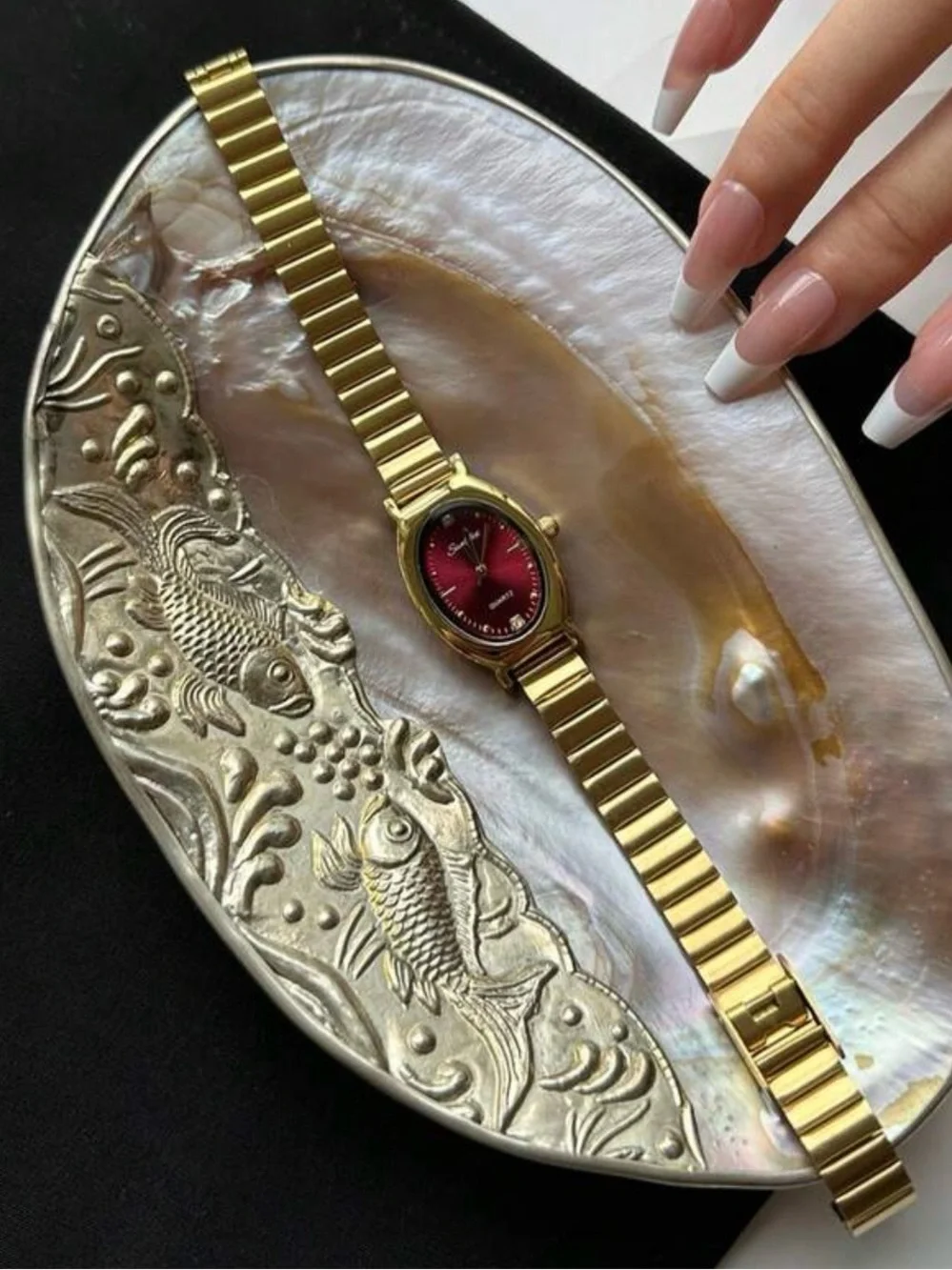 Gold-Tone Watch with Red Dial